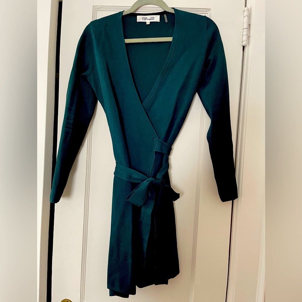 DVF L/S V-Neck Knit Wrap Dress Mini - Hunter Green - Size P